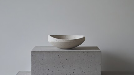 Off-white speckled concrete bowl on a concrete plinth.