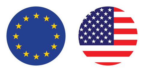Flags of the European Union and the United States of America. EU and US flag. Button flag icon. Standard color. Circle icon flag. Computer digital vector illustration.