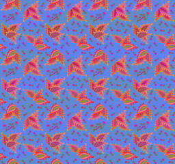 Obraz premium Delightful seamless floral pattern with fabulous coleus leaves, tiny flowers and berries on iridescent lidht blue background. Beautiful boho print for fabric. Indian motifs.