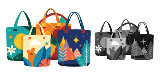 A collection of colorful tote bags illustrated with nature themes perfect for shopping or carrying personal items.