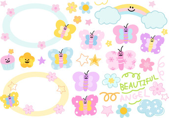 Cute vector illustrations of pastel butterfly, cupcake, rainbow and cloud, star, flower, beautiful letters for decorations, cartoon, characters, comic, stickers, patch, nature, garden, insects, summer