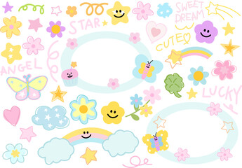 Cute vector illustrations of pastel butterfly, heart, rainbow and cloud, star, flower, clover leaf for decorations, cartoon, characters, comic, stickers, patch, nature, garden, insects, summer break