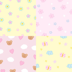 Four set of pastel background designs with butterfly, flower, teddy bear, heart, cloud for wallpaper, backdrop, ad template, frame, paper design, social media post, poster, sticky note, notepad