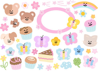 Cute vector illustrations of teddy bear, cat, puppy, butterfly, cupcake, rainbow, star, flower, clover leaf for decorations, cartoon, characters, comic, stickers, patch, brooch, birthday card, summer