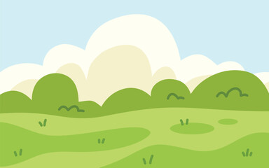 Obraz premium Green Landscape With Rolling Hills And Fluffy White Clouds Against A Blue Sky.