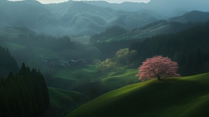 Serene mountain landscape with cherry blossom tree in picturesque setting