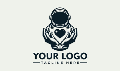 An astronaut logo holding a heart in cupped hands, with space for a company name and tagline.