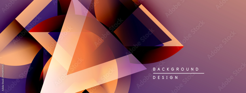 Poster abstract geometric shapes overlap, creating dynamic purple, orange gradients. modern design suggests