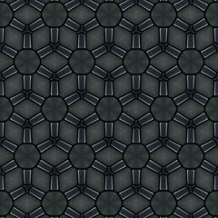 Intricate geometric pattern featuring a repetitive design of circular and angular shapes in dark tones, set against a textured black background,