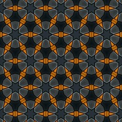 Vibrant geometric pattern featuring a repetitive design of curved shapes in warm orange and dark tones, set against a textured background