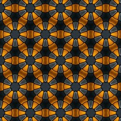 Dynamic geometric pattern featuring a repetitive design of curved shapes in vibrant orange and deep black, set against a textured background