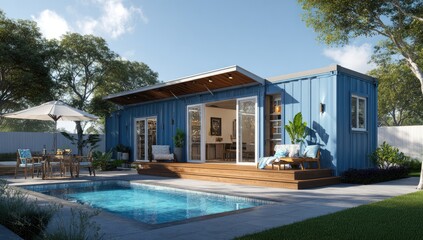 Modern blue shipping container home with pool and patio