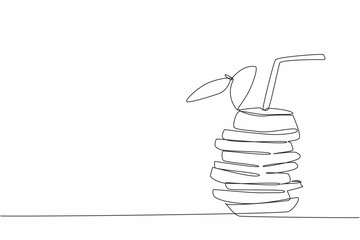 Single continuous line drawing pile of orange slices made in a zigzag pattern with straws. Very creative presentation. Enjoying oranges. National Orange Juice Day. One line design vector illustration