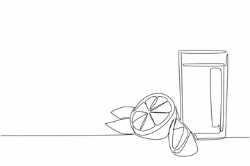 Single one line drawing a glass of orange juice and beside the glass there is an orange cut in half. Enjoying squeezed orange. National Orange Juice Day. Continuous line design graphic illustration