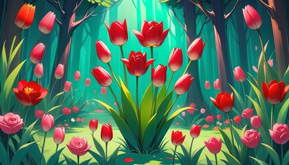 Lush woodland scene filled with vibrant tulips and roses.