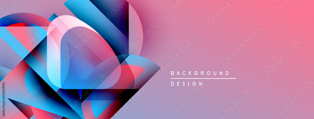 Poster abstract geometric shapes blend vibrant blues, pinks, purples. gradient background creates modern vi