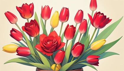 Obraz premium Vibrant bouquet of tulips and roses in a vase.