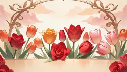 Colorful tulips and roses in a decorative floral arrangement.