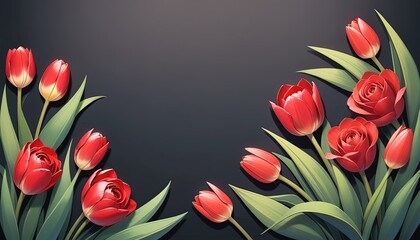 Red tulips and roses arranged on a dark background.