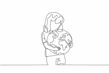 Continuous one line drawing girl hugging globe. A symbol of great affection. Take part in protecting the environment. Do not litter. Care. World Give Day. Single line draw design vector illustration
