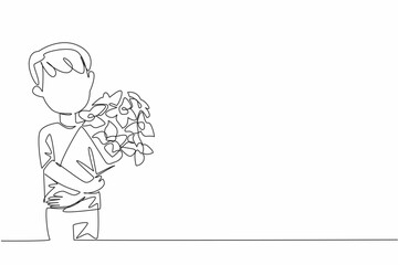 Single continuous line drawing the little boy hugging bouquet of flowers. Meaningful giving. Sign of affection. Memorable. Flora. Aromatic. Present. World Give Day. One line design vector illustration