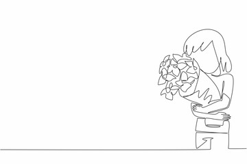 Single one line drawing girl hugging bouquet of flowers. A sign of concern for fellow human beings. Give each other a positive impression. World Give Day. Continuous line design graphic illustration
