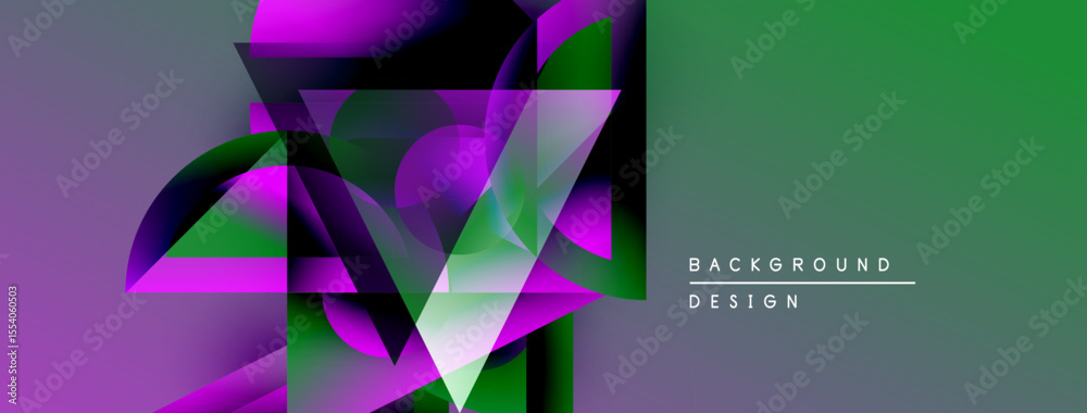Poster abstract geometric shapes overlap, creating vibrant purple, green gradients. modern design elements 