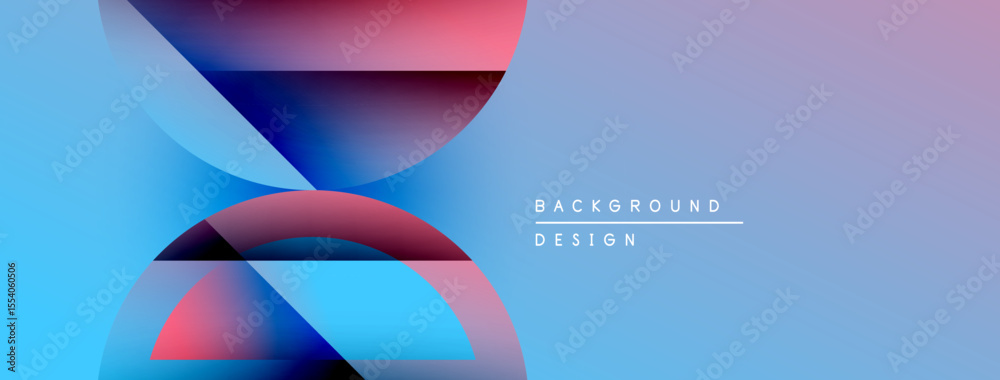 Poster abstract geometric shapes overlap, creating vibrant color gradients. blue, pink, purple hues blend s