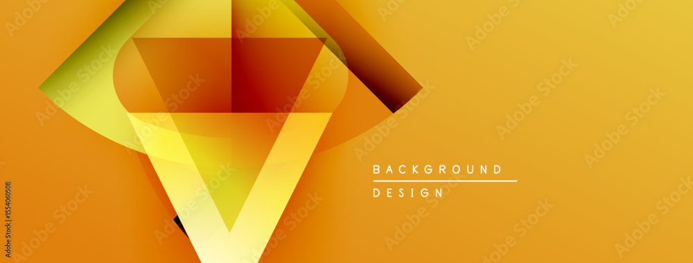 Poster abstract geometric shapes create vibrant orange background. design features layered triangles, gradi
