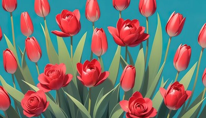 Vibrant red tulips and greenery against a teal background.
