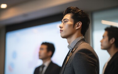 Diverse Asian Business Team in Office Meeting Around Table with Laptops Engaging in Strategic Discussion, Corporate Success Concept with Modern Workplace Collaboration and Technology Integration