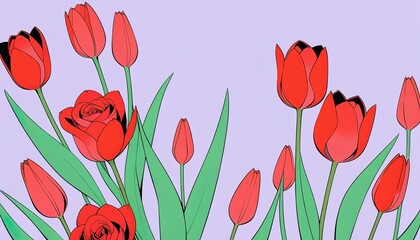 Vivid red tulips and roses against a pastel background.