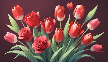 Vibrant bouquet of red tulips and roses.