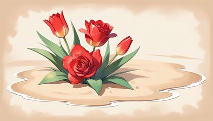Red tulips and roses in a patch of sand.