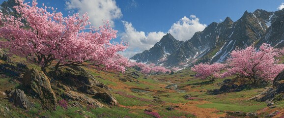 Lush valley with cherry blossoms and mountains