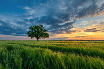 Obraz premium Single tree in a golden sunset field