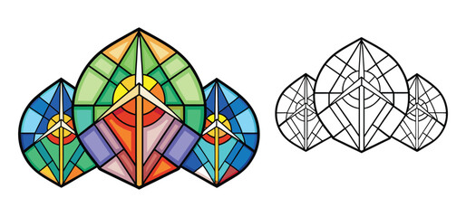 A colorful geometric stained glass illustration featuring wind turbine imagery and solar energy symbolism for various design applications.