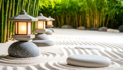 Serene zen garden with stone lanterns illuminating a raked sand path amidst a bamboo grove