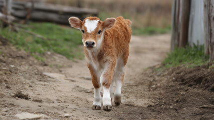 Walking cute Calf in farm