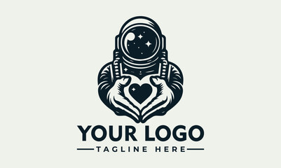 Astronaut logo design, hands forming heart shape, space theme, vintage style.