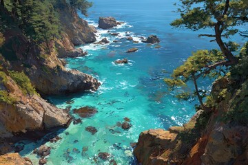 Coastal vista, vibrant turquoise water, rocky cliffs, lush pines