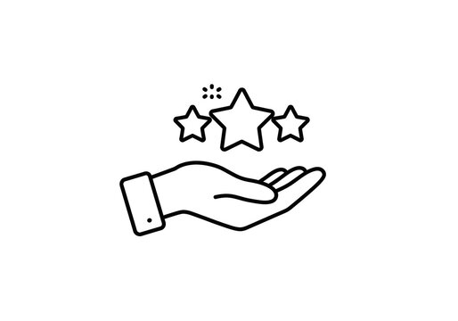 A hand holding three stars with sparkles above them in a simple black and white line drawing style