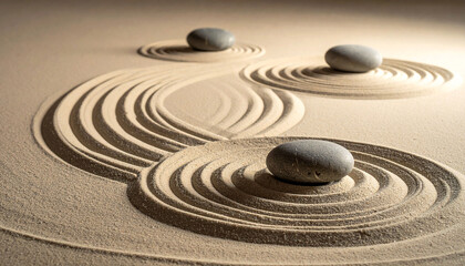 Serene sand garden with three smooth grey stones resting atop concentric circles and flowing lines raked into the pale sand