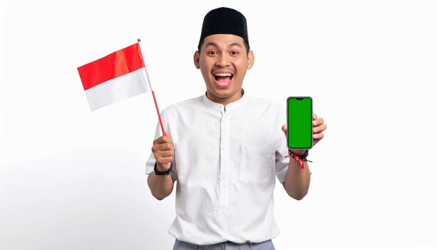 Excited young man wearing celebrate Indonesian independence day on 17 August while holding smartphone with blank green screen isolated over white background