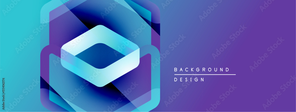 Poster Abstract geometric design. Blue, purple gradients create layered hexagon shape. Modern background suitable for digital projects.