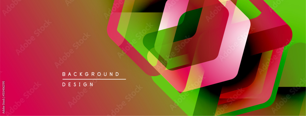 Poster abstract geometric shapes overlap, creating vibrant color gradients. red, green, pink hues dominate 