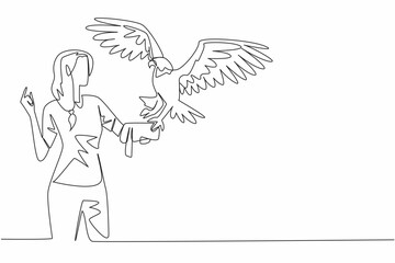 Single continuous line drawing bald eagle perched on hand of woman. One type of eagle that is known to be very majestic. Symbolizes strength. Woman Holding Bird. One line design vector illustration