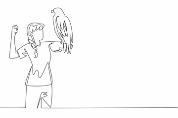 Continuous one line drawing black chested buzzard eagle perched on hand of woman. This bird was born as a predator with wide wings. Woman Holding Bird. Single line draw design vector illustration