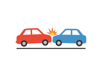 Obraz premium A cartoon illustration of a red car and a blue car involved in a collision with an orange burst effect