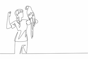 Single continuous line drawing scarlet macaw parrot perched on hand of woman. The most beautiful and popular parrot. Can be a good friend. Woman Holding Bird. One line design vector illustration